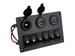 Panel de interruptores de 6 vías con voltímetro, LED y cargador USB de 12V-24V para autocaravanas y camiones.