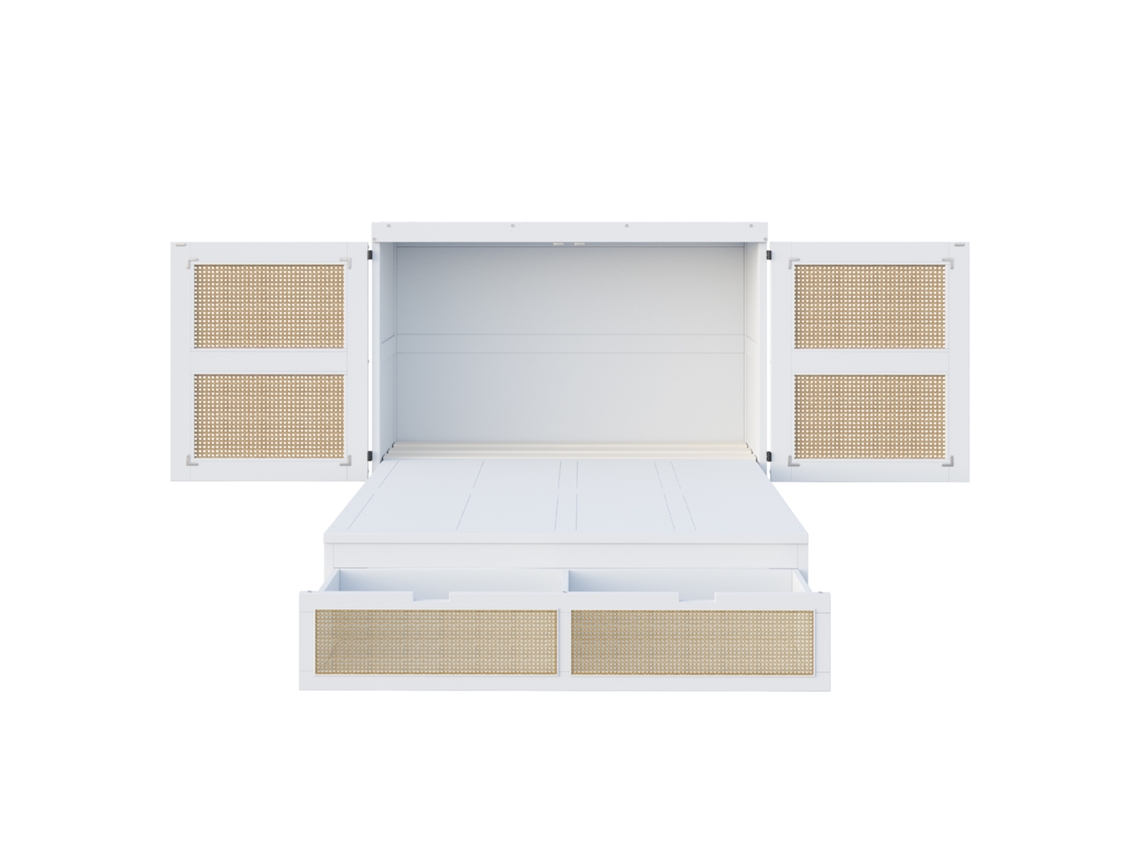 Cama Abatible De 140x200 Cm, Armario Compacto De Ratán Blanco.