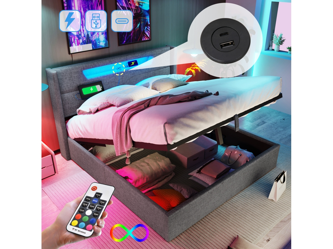 Cama Doble 160x200 Cm, Led Y Usb-c, Almacenamiento, Lino Gris, Base Incluida, Colchón No Incluido.