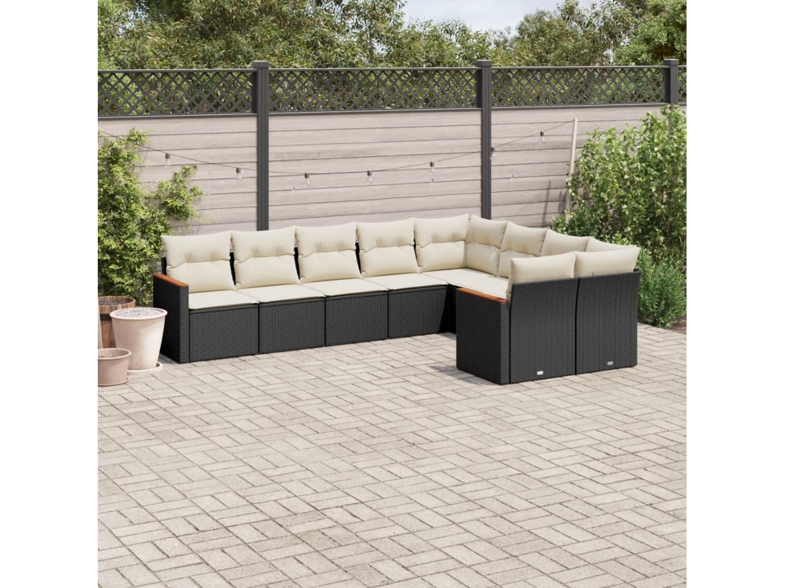 Conjunto de sofá de jardín de 9 piezas con cojines, ratán negro, Dkd Home Decor