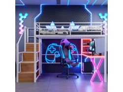 Cama Alta 140x200 Cm - Con Led, Escalera De Almacenamiento, Escritorio, Armario, Estantes - Blanco