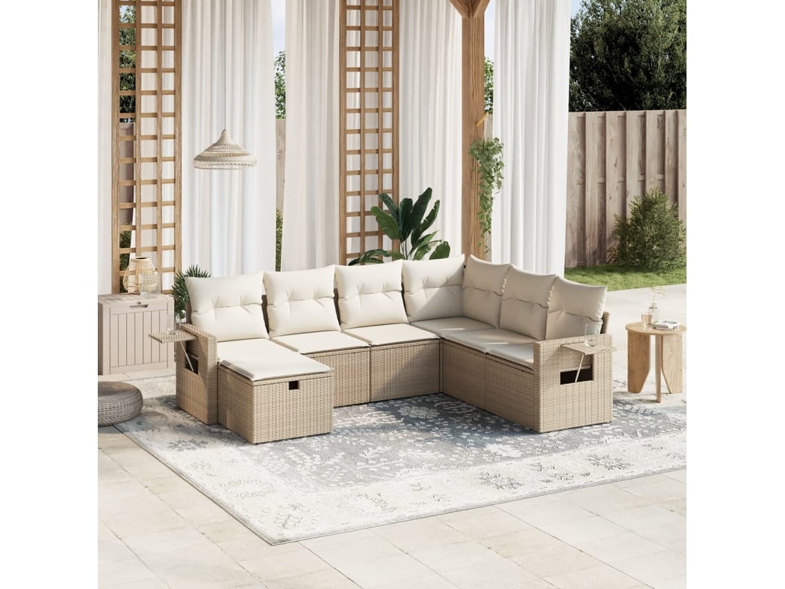 Conjunto de sofá de jardín de 7 piezas con cojines, mimbre sintético beige, Dkd Home Decor