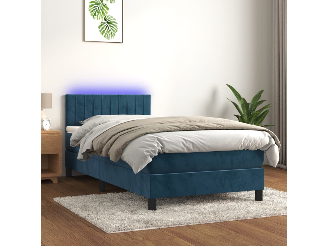 Cama Box Spring Colchón Y Led Terciopelo Azul Oscuro 90x200 Cm