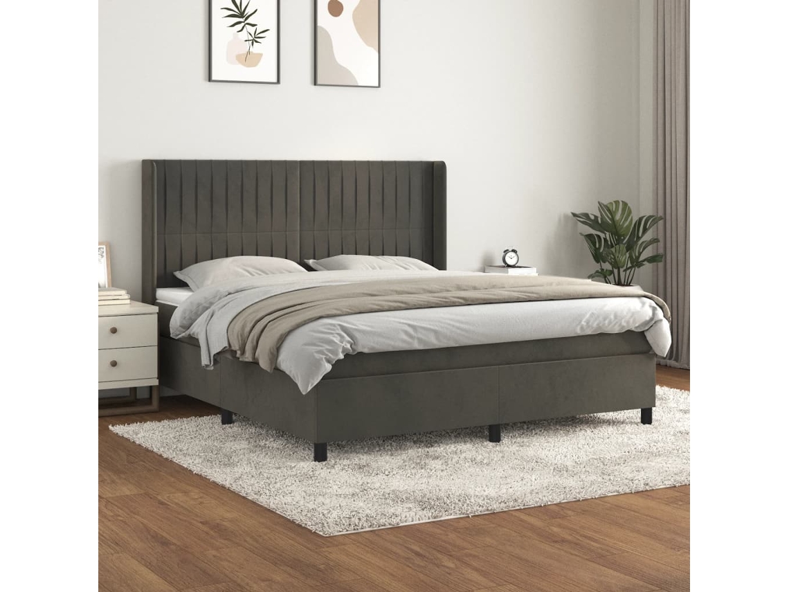 Cama Box Spring Con Colchón Terciopelo Gris Oscuro 160x200 Cm