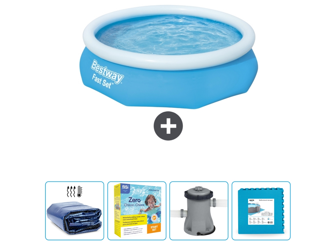 Piscina Hinchable Redonda Fast Set BESTWAY - 305 x 76 cm - Azul - Incluida Vela solar - Paquete de mantenimiento - Bomba - Baldosas