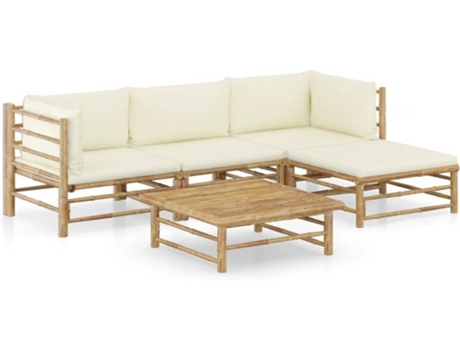 Conjunto 5 de muebles de jardín VIDAXL bambú y cojines blanco crema