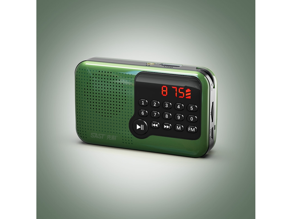 Mini radio FM portátil con pantalla LCD, USB, tarjeta TF, visualización de hora, función de memoria y modo de apagado (verde)