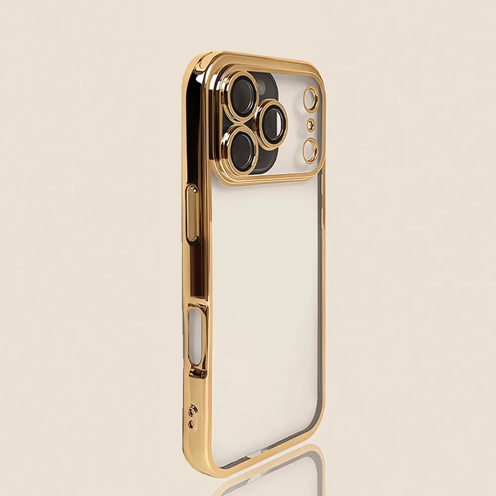 (hola Iphone 17 Dorado) Funda Transparente Galvanizada Para Iphone Con Protección Para La Lente De La Cámara.