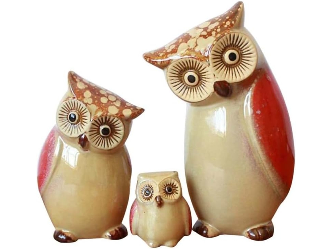 Lindas Creativas Figuras Decorativas Búhos Juego 3 Cerámica Naranja Decoración Hogar Dormitorio