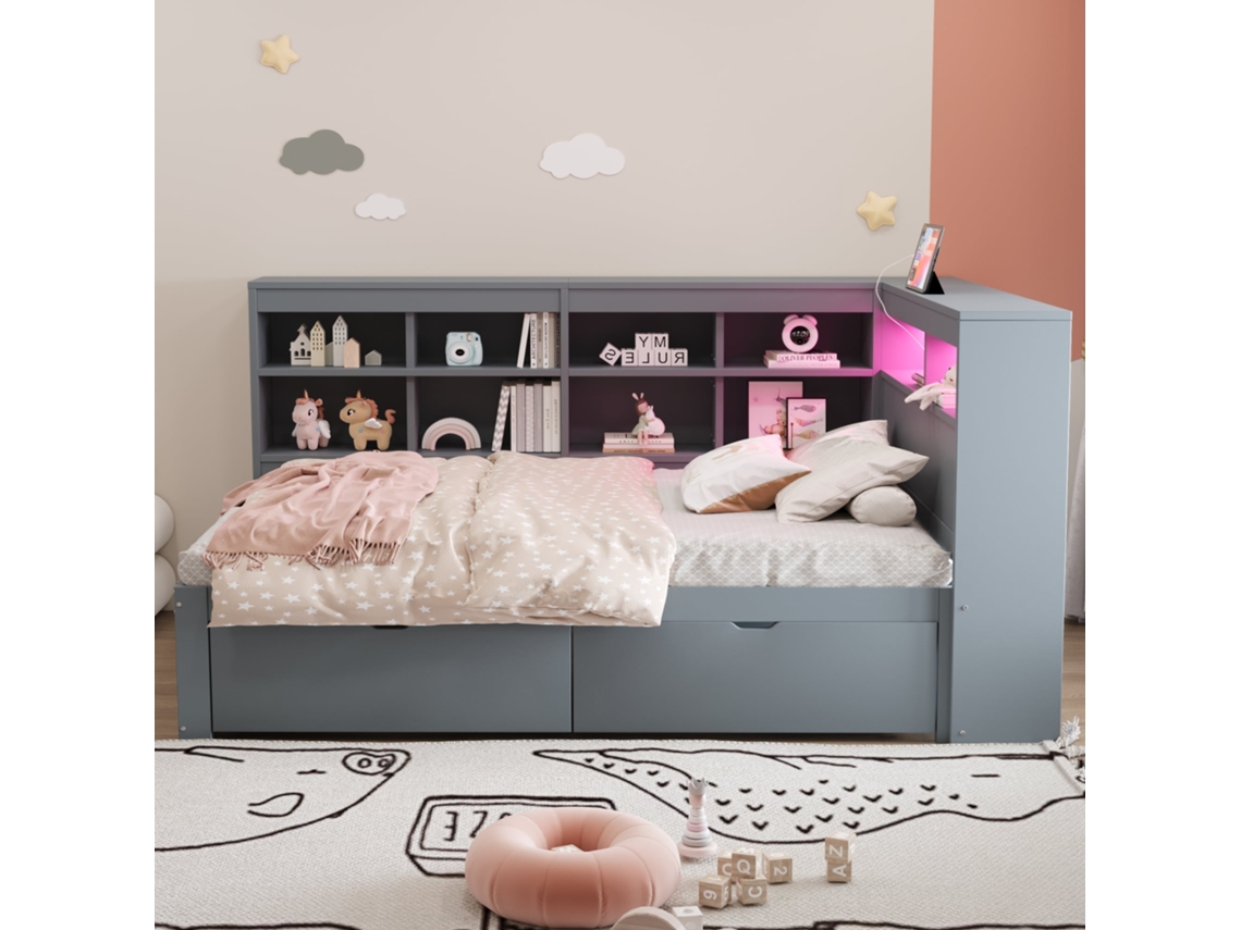 Sofá Cama 90x200 Cm De Madera Maciza, Con Almacenamiento, Usb Y Enchufe, Led, Multifunción, Robusto 120 Kg, Práctico, Gris