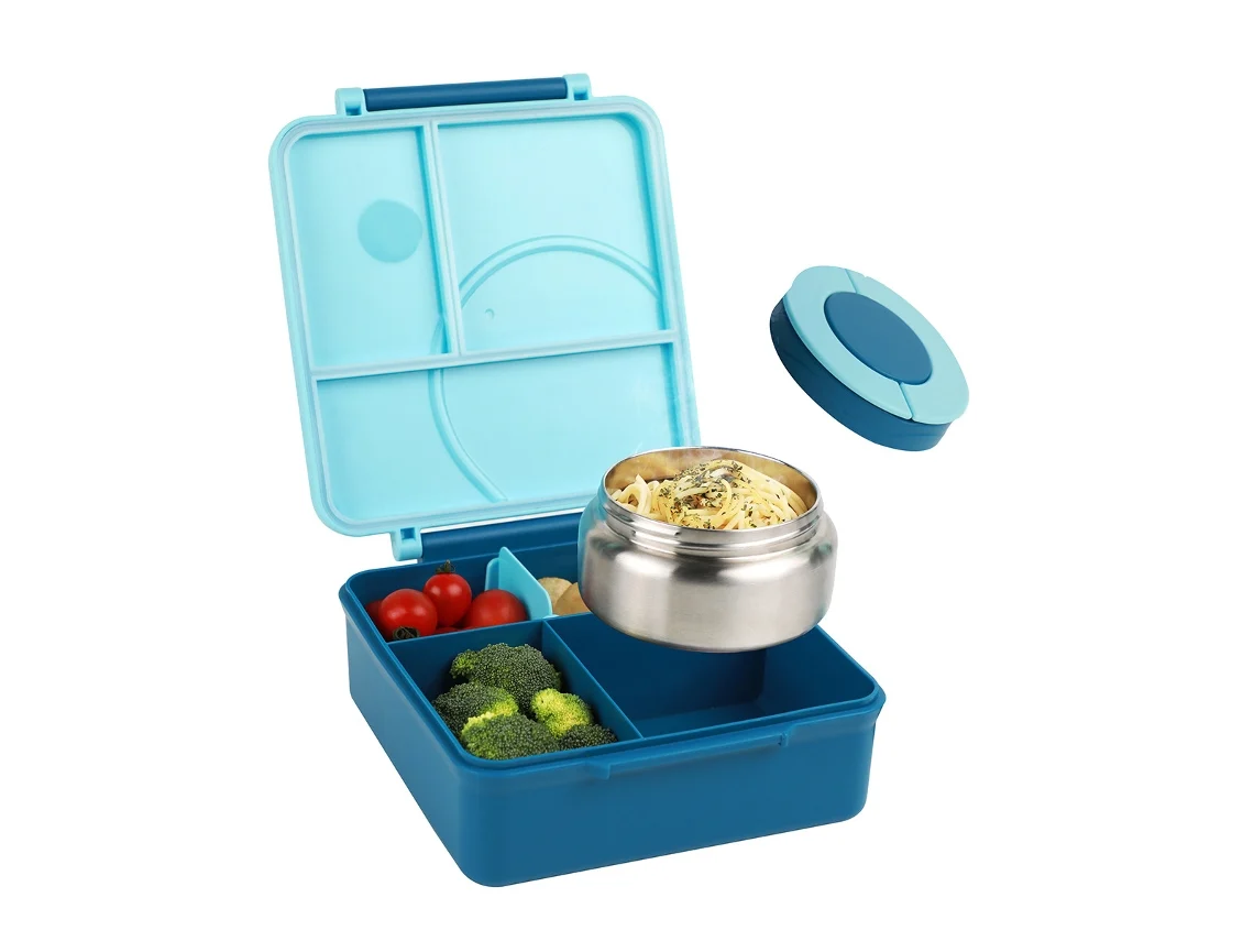 (azul) Contenedor De Sopa Aislado De Cuatro Compartimentos Adecuado Para Adolescentes Y Personal De Escuelas Y Comedores.
