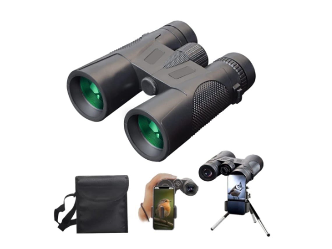 Binoculares para adultos 12x42 HD con adaptador para teléfono y trípode plegable para caza, observación de aves, acampada y viajes, color negro Gusshious