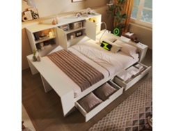 Cama Blanca 140x200 Cm Con Almacenamiento, Cajones, Puertas, Usb Y Usb-c, Diseño Ahorro De Espacio, Colchón No Incluido.