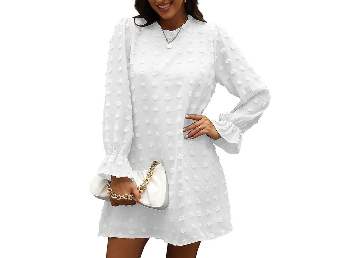 2026-vestido Midi Chiffon Jacquard De Manga Larga Con Cuello V Y Borde Volado Para Mujer