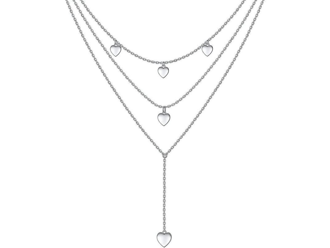 Colar feminino em prata de lei 925 (2026) com três camadas e extensor, estilo geométrico com corações.