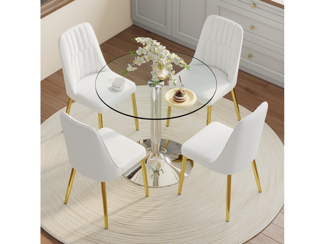 Mesa De Comedor Moderna De Vidrio De Seguridad 85 Cm Con 4 Sillas En Pu Blanco, Estructura De Metal Dorado, Ideal Para Cocina Y Comedor