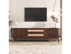 Mueble De Tv Con Puertas De Madera Maciza, Estilo Moderno Rústico, Puerta Corredera, Cajones De Ratán, Madera Natural