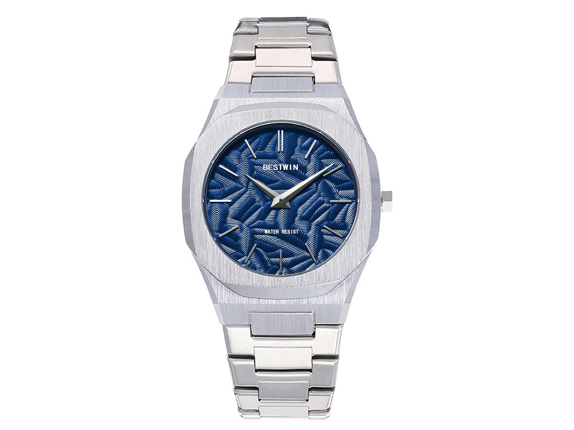 Reloj De Cuarzo Para Hombre (blanco Y Azul Oscuro) Con Hojas En Relieve.
