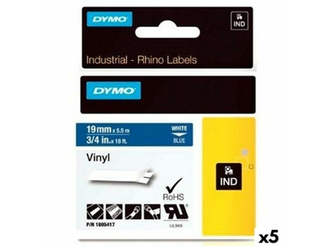 Cinta Laminada para Rotuladoras DYMO Rhino 19 mm x 5,5 m Azul Blanco Vinilo (5 Unidades)