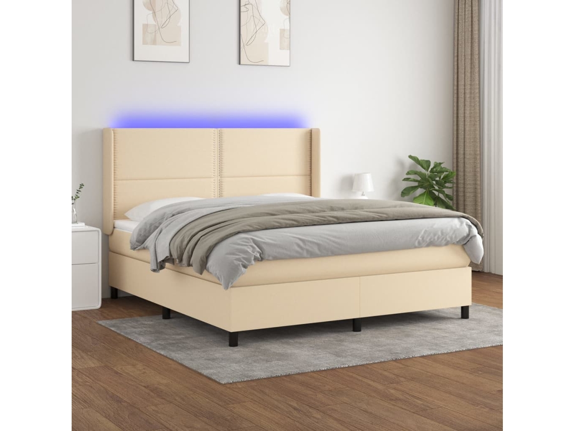 Cama Box Spring Colchón Y Luces Led Tela Crema 180x200 Cm