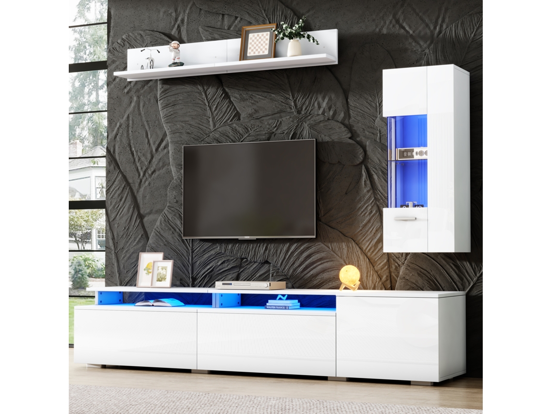 Televisor Led De Pared, Vitrina Móvil, Estante Blanco.