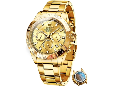 VEANXIN Reloj automático para hombre con calendario, acero inoxidable, luminoso, resistente al agua(oro)