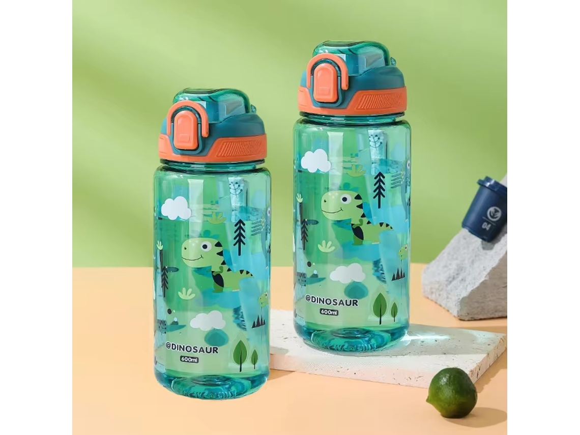 Botella de agua de 600 ml con estampado de animales, con pajita y anticaídas. Mdug (verde, 2 unidades)