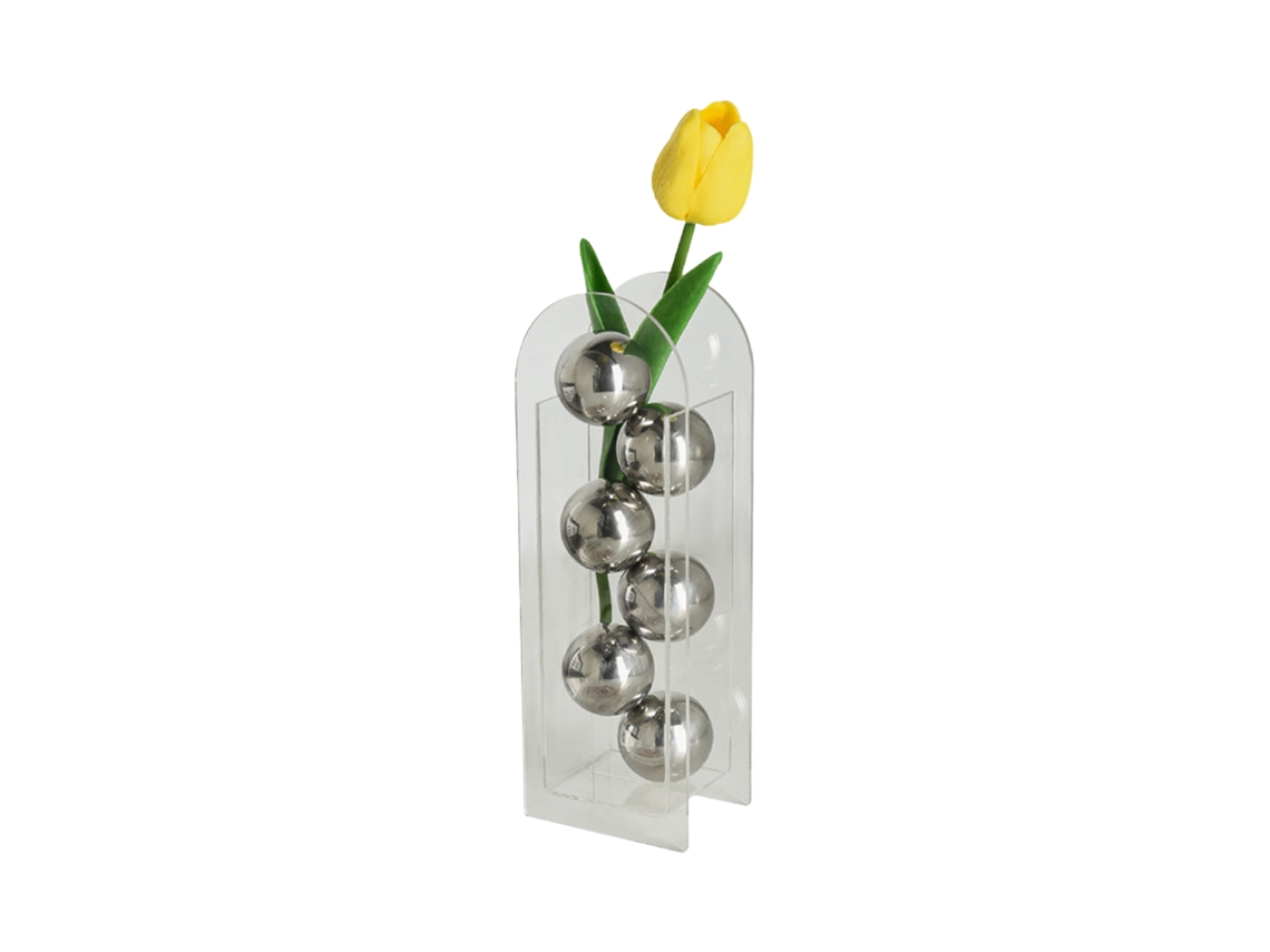 Jarrón de flores de cristal acrílico hecho a mano con 6 bolas de acero inoxidable