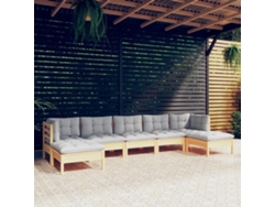 7 Piezas Conjunto Lounge De Jardim C/ Almofadões Cinzentos Pinho Dkd Home Decor