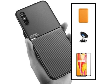 Kit Funda Magnetic Lux, Magnetic Wallet Naranja, 5D Full Cover y Soporte Magnético de Coche Xiaomi Redmi 9A Sport PHONECARE Negro