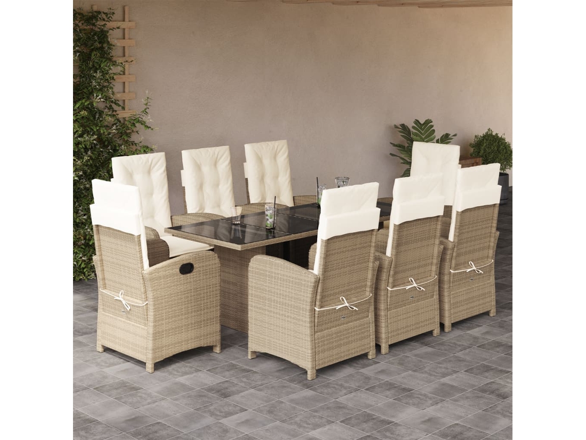 Juego de comedor de jardín de 9 piezas con cojines, mimbre sintético beige, DKD Home Decor