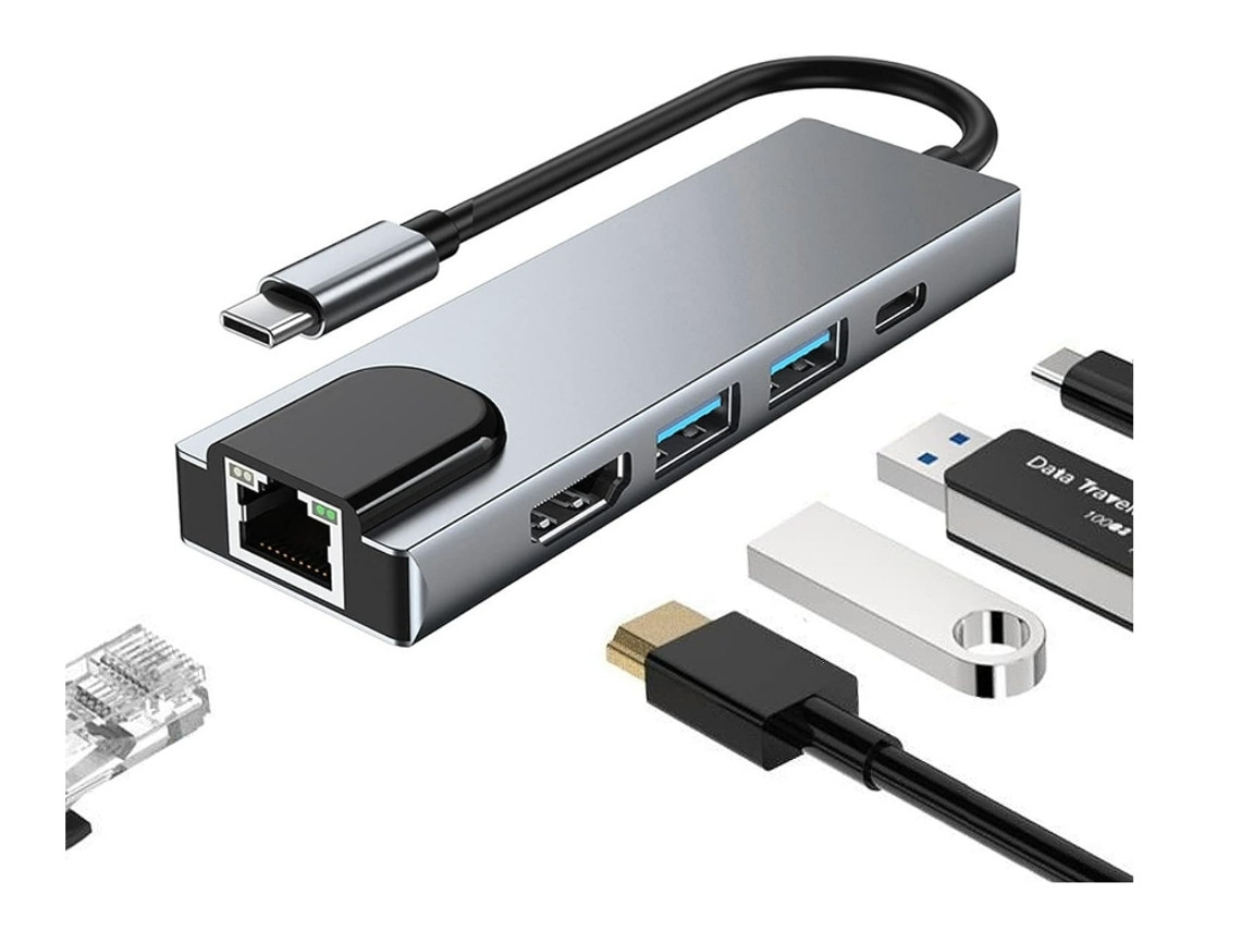 Estación de acoplamiento ELORY USB C 5 en 1 con HDMI, Ethernet, RJ45, 4K, 100 W y USB 3.0