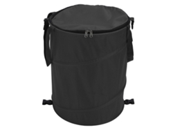Cubo de basura portátil de gran capacidad para camping con tapa negra.