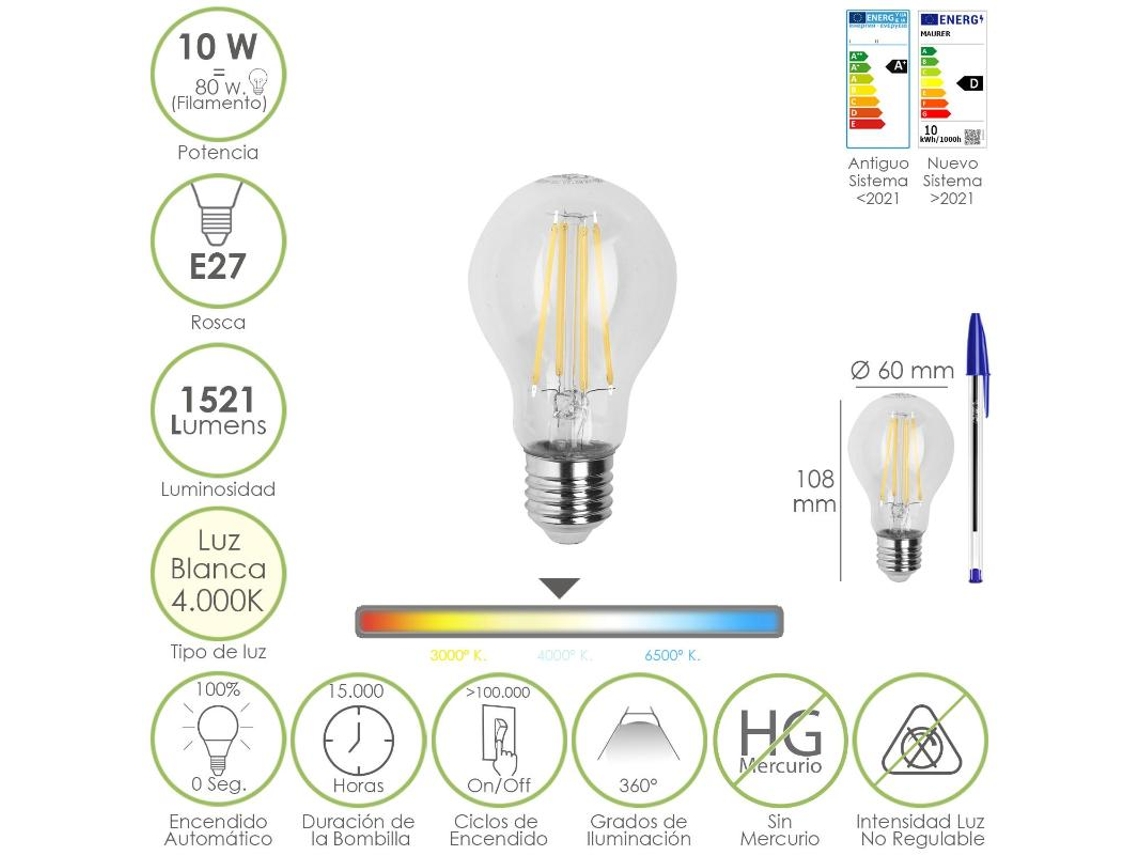 Bombilla led filamento standar rosca e27. 10 watt. equivale a 80 watt. 1521 lumenes. luz neutra 4000  k.