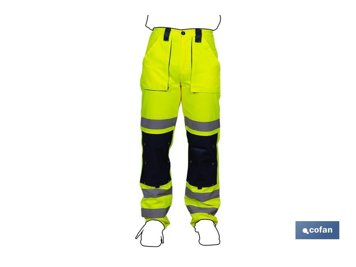Pantalones COFAN Alta Visibilidad Tallas de la S a la XXXL en Amarillo y Azul Marino