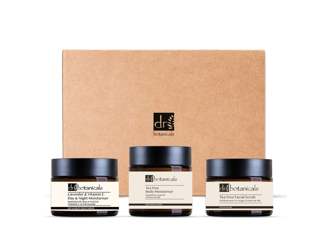 Exfoliante facial con árbol de té, humectante corporal y humectante de día y noche con lavanda y vitamina C Dr Botanicals