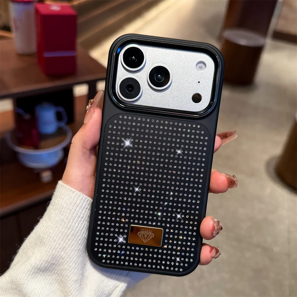 (iphone 15, Negro) Caso De Teléfono Flash Chica Con Diamantes Para Iphone, Caso A Prueba De Golpes