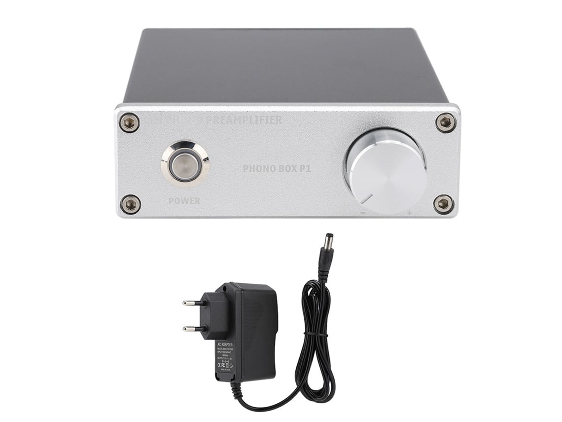 Amplificador Phono Box P1 para tocadiscos MM con entrada/salida RCA dorada.