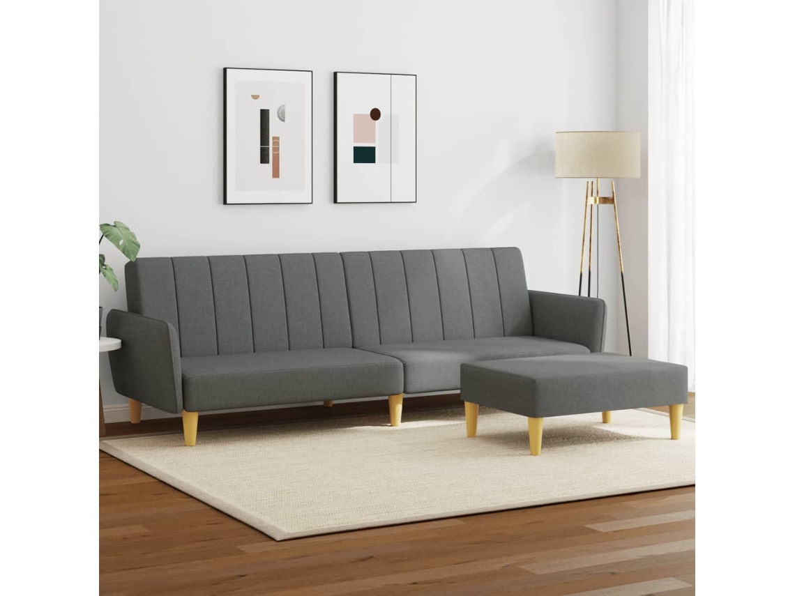Sofá Cama De 2 Plazas Con Taburete Tela Gris Oscuro