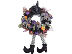 Corona De Halloween Para Puerta Con Esqueleto, Huesos Falsos Y Hojas De Arce Naranjas.