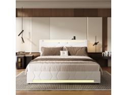 Cama De Matrimonio 160x200cm Cama Con Almacenamiento Y Resorte Neumático, Cama Adulta Y De Adolescente, Lino Con Led Rgb Y Usb, Beige, Diseño Moderno