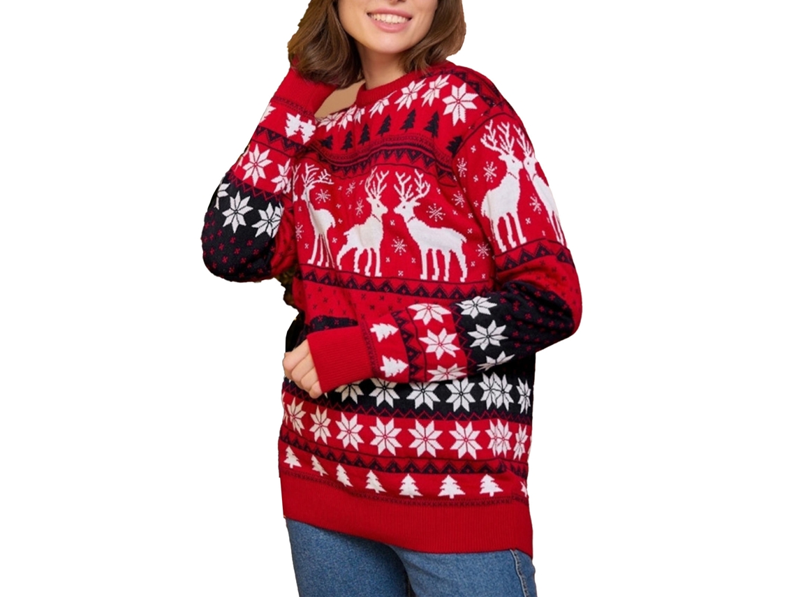 Suéter de Natal Rebe-jersey com estampa de veados e flocos de neve, manga comprida, gola redonda, tricô quente, vermelho, tamanho M feminino.