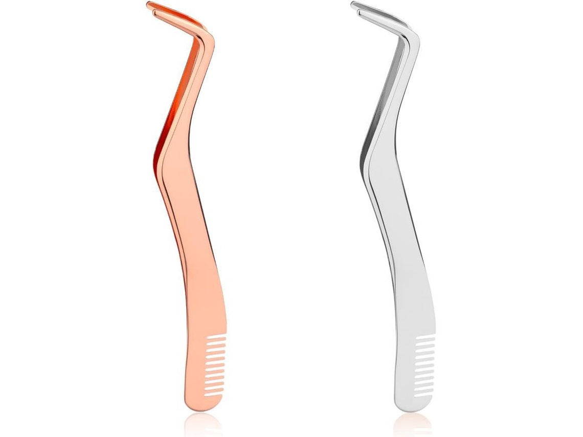 Pinzas Para Pestañas 2 En 1 De Acero Inoxidable Con Aplicador Y Peine, Oro Rosa Y Plata.