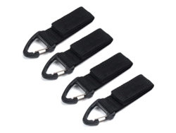 Conjunto de 4 ganchos táticos de nylon com gancho para chaves, compatíveis com sistema MOLLE, cintos táticos e mochilas, ideais para camping e trekking.