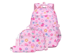 Mochila estudiantil de tres piezas con gran capacidad, color rosa estampado.
