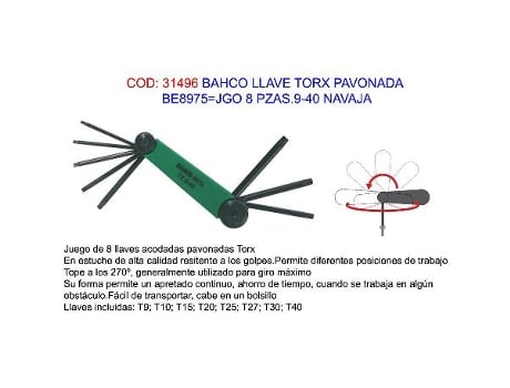 Bahco llave torx pavonada be8975 jgo 8 pzas.9-40 navaja