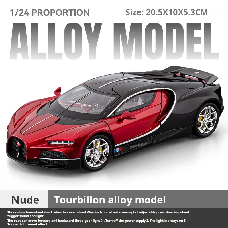 (rojo) Modelo De Coche De Juguete Bugatti Tourbillon Fundido A Presión A Escala 24/7 (rojo) Hecho De Material De Aleación, Con Sonido, Luz Y Función De Retroceso.