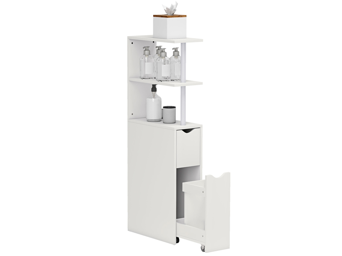 Mueble De Baño Con Unidad De Almacenamiento Y Cajón Con Ruedas, Con Estantes Abiertos, 20 X 45 X 115 Cm, Blanco