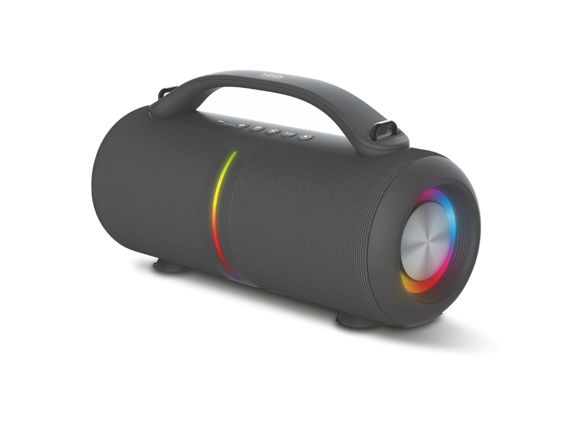 Altavoz Bluetooth portátil Haeger Super Boom con 24 horas de autonomía, resistencia a salpicaduras IPX5 y luz LED.