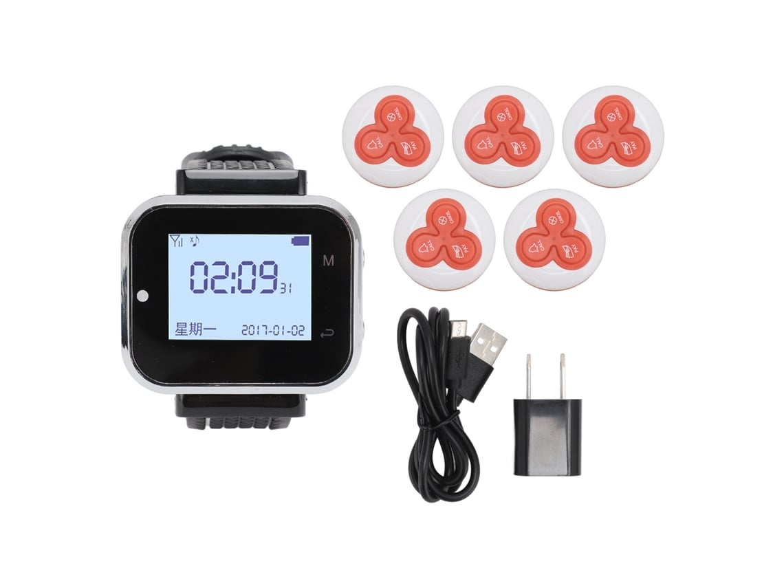 Sistema De Llamada Inalámbrico Para Restaurantes Con 1 Reloj-receptor Y 5 Buscapersonas Recargables. Enchufe Estadounidense De 100-240 V.